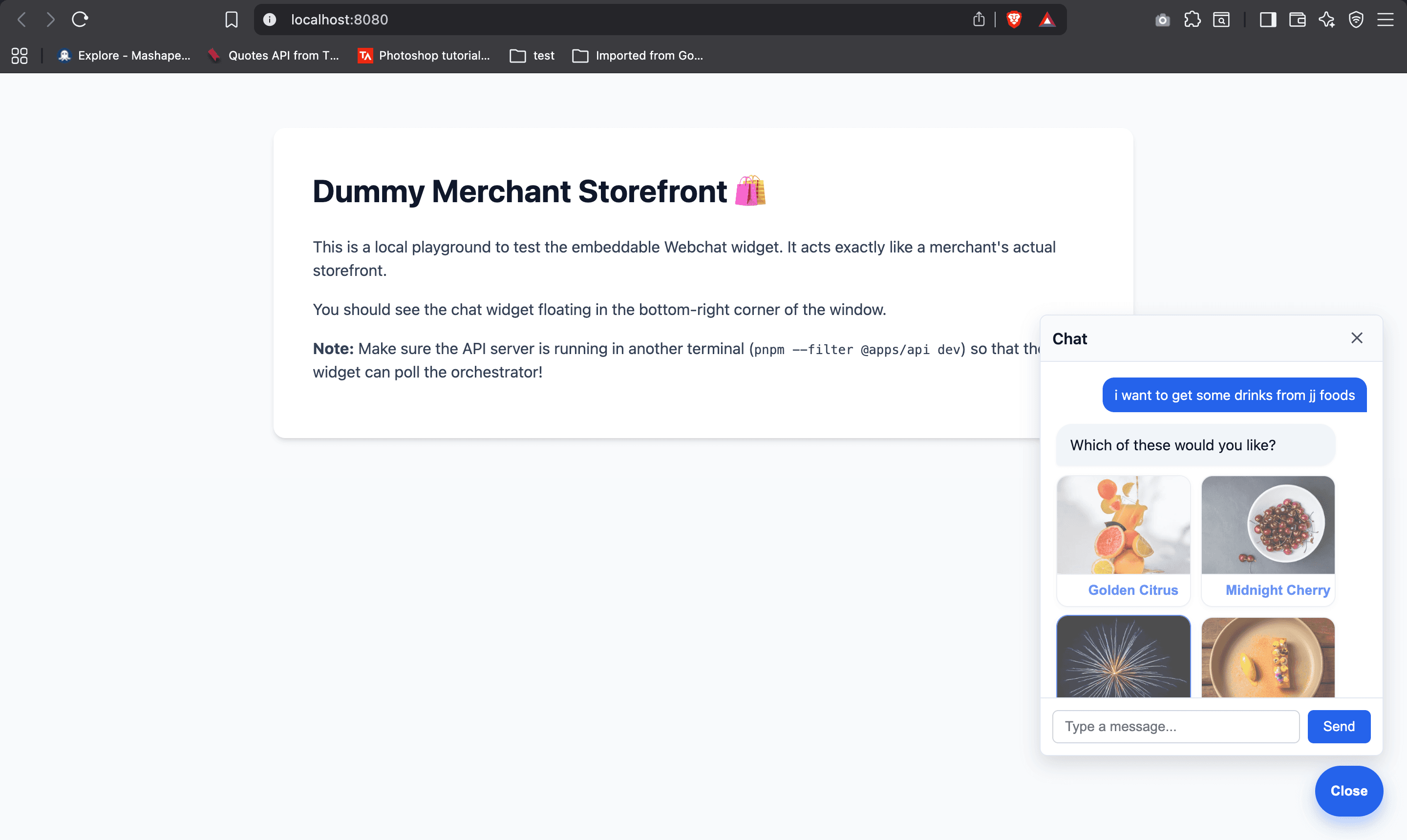 Customer: "I want drinks from jj foods" — AI surfaces product images from the live catalog instantly
